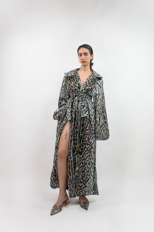 Sequin Oversized Trench Coat in Snake Print